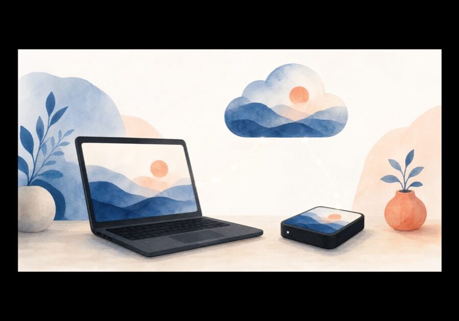 Illustration of a file copied to a laptop, an external drive, and the cloud, showing the 3-2-1 backup rule.