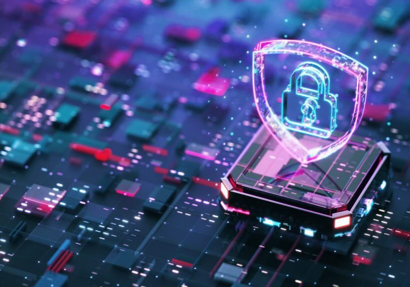 Neon holographic padlock shield on circuit board