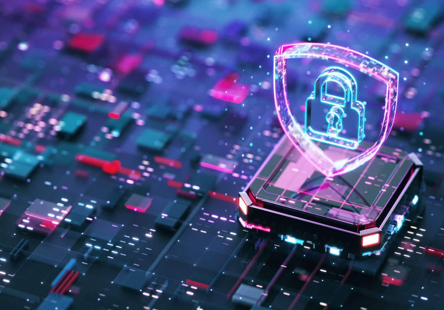 Neon holographic padlock shield on circuit board