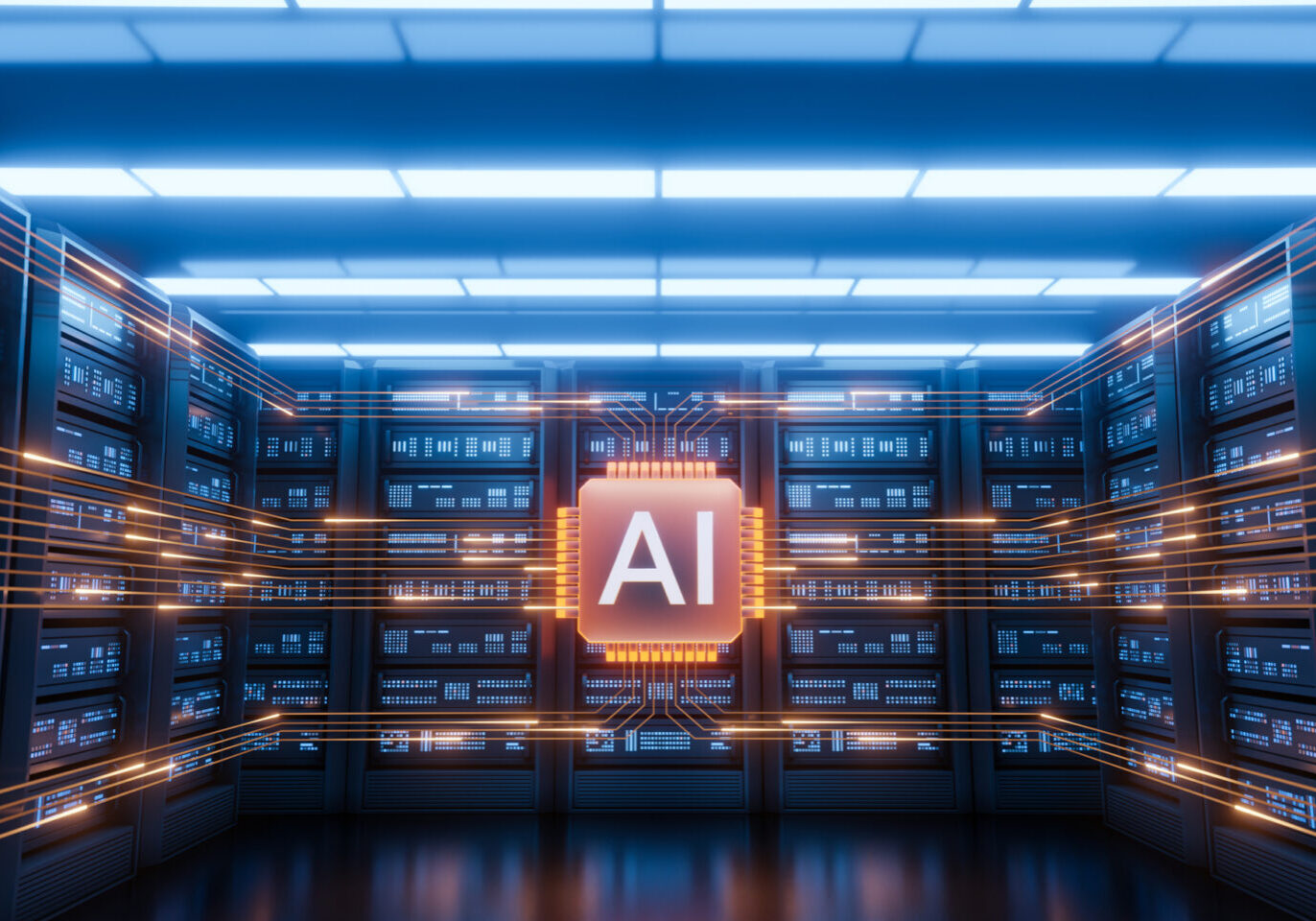 Glowing AI chip in futuristic server room