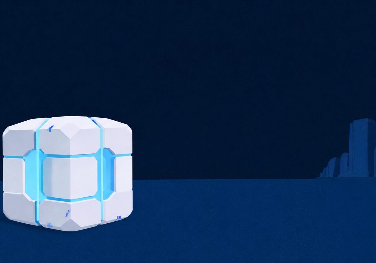 A sealed glowing enclosure far from a distant structure, representing Apple Intelligence processing on your device rather than in the cloud