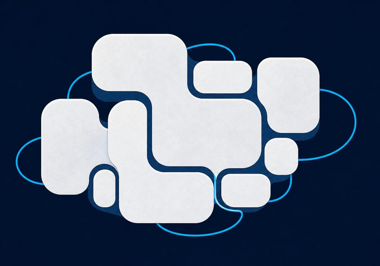 Smoothly connected rounded shapes representing devices working together in the Apple ecosystem