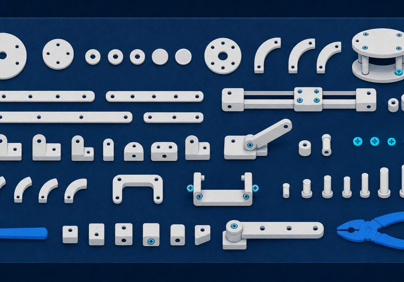 An open workbench with modular parts laid out, representing the build-it-your-way Linux ecosystem