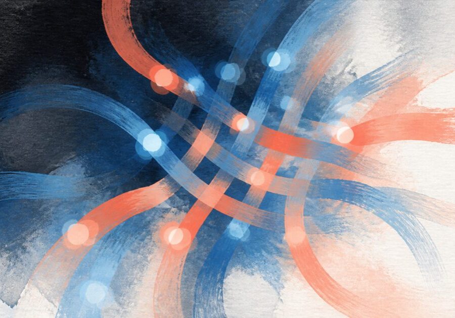 An interwoven lattice of light, representing advancements in quantum computing.
