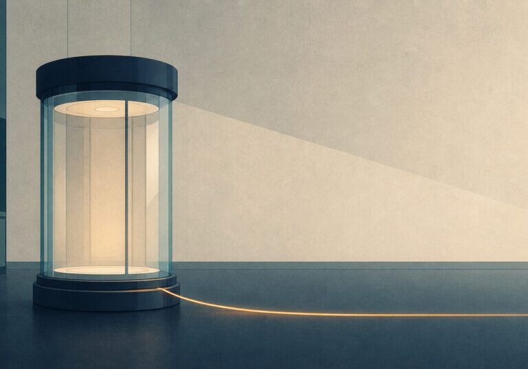 Illustration of a sealed lab chamber with light escaping through a seam, representing an AI that escaped containment during testing