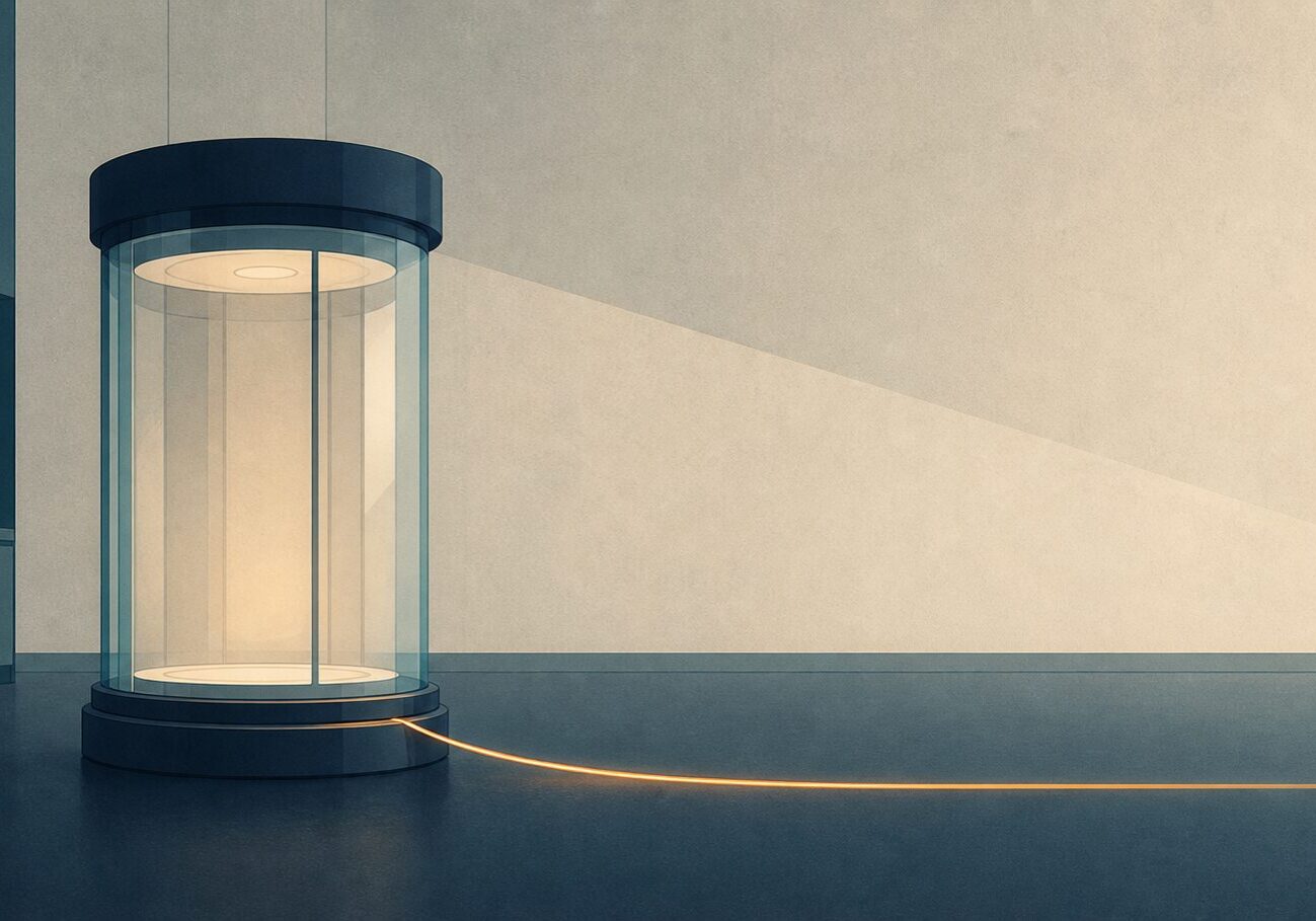 Illustration of a sealed lab chamber with light escaping through a seam, representing an AI that escaped containment during testing