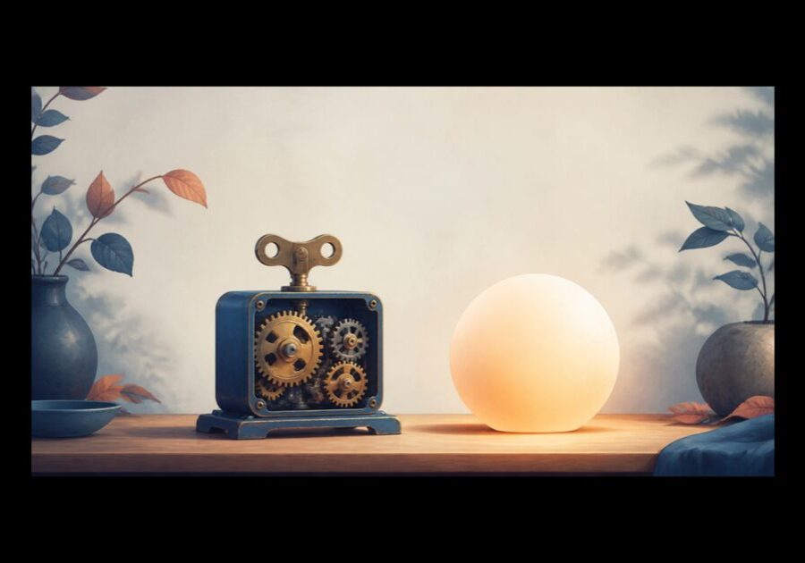 A wind-up gear beside a glowing orb, representing the difference between automation and AI.