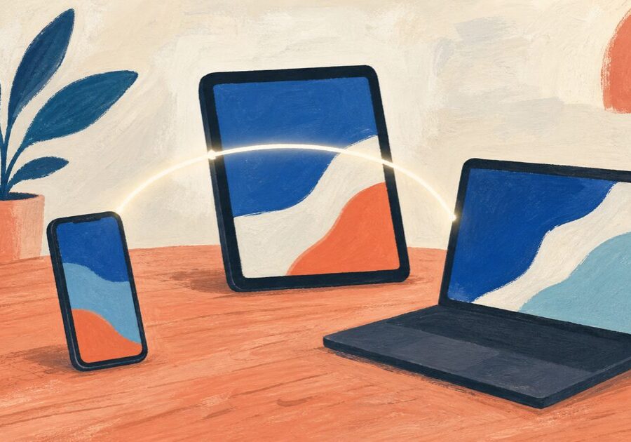 Illustration of a phone, tablet, and laptop working together, representing the Apple ecosystem.