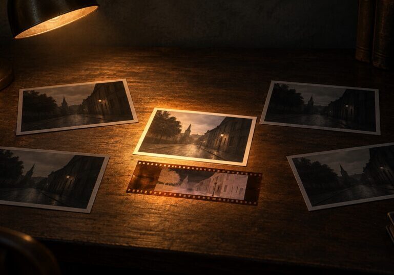 Illustration of five identical photographic prints on a dark desk, with only the one under the amber lamp accompanied by a film negative strip, representing how Apple Reference Image proves a real photo is unaltered rather than detecting which images are AI-generated.