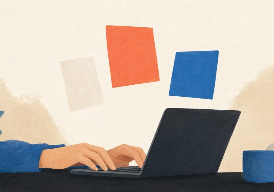 Illustration of everyday tasks floating above a laptop, representing AI tools for everyday productivity.