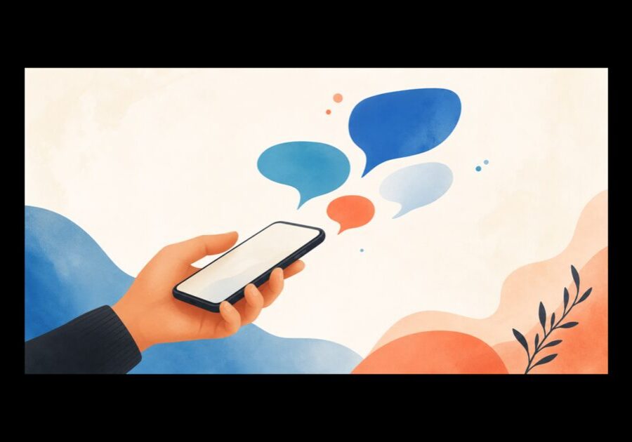 Illustration of a phone with several speech bubbles, representing different AI assistant options.