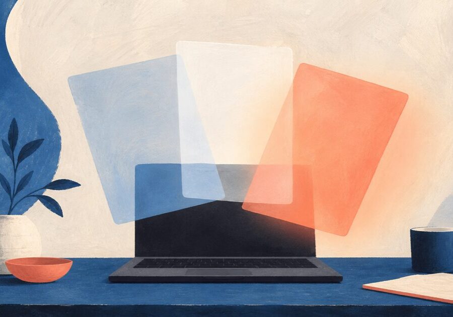 Illustration of browser windows above a laptop, representing choosing the best browser for Mac.