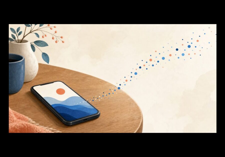 Illustration of a phone leaving a faint trail, representing phone tracking and location data.