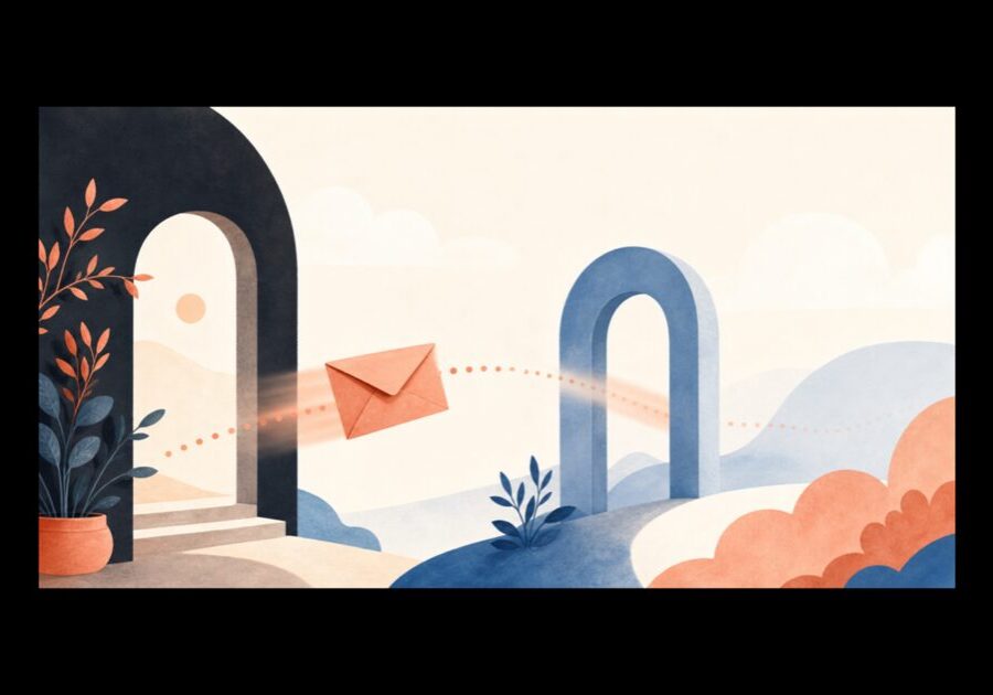 An envelope passing through two archways, representing how iCloud Private Relay works.