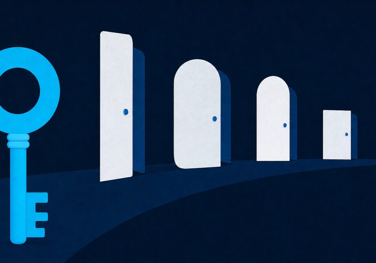 One key opening many different doors, showing how a single Google account works across any hardware