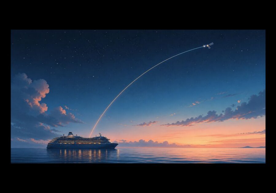 A cruise ship connecting to a satellite, representing internet at sea.