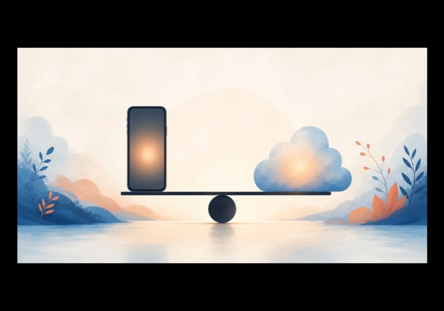 A phone's inner glow balanced against a cloud, representing on-device AI versus cloud AI.