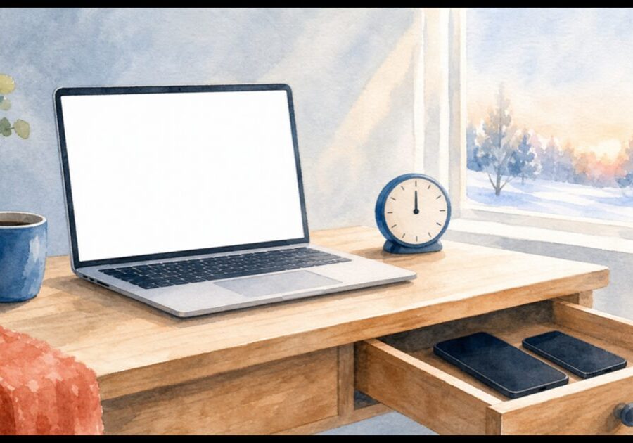 A laptop and kitchen timer on a tidy desk beside a drawer of old phones, illustrating a one-hour digital declutter