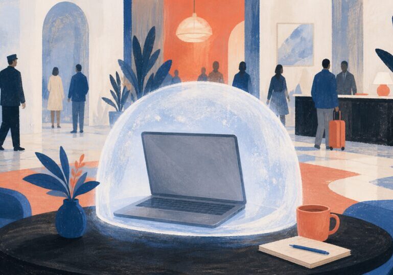 A laptop shielded by light in a busy lobby, representing Apple devices on public WiFi.
