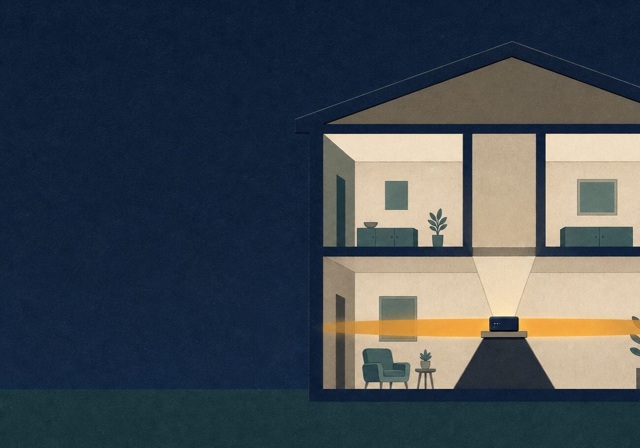 Cutaway illustration of a house showing where to put your router, with the signal spreading sideways in a flattened ring and a dark gap on the floor directly beneath it.