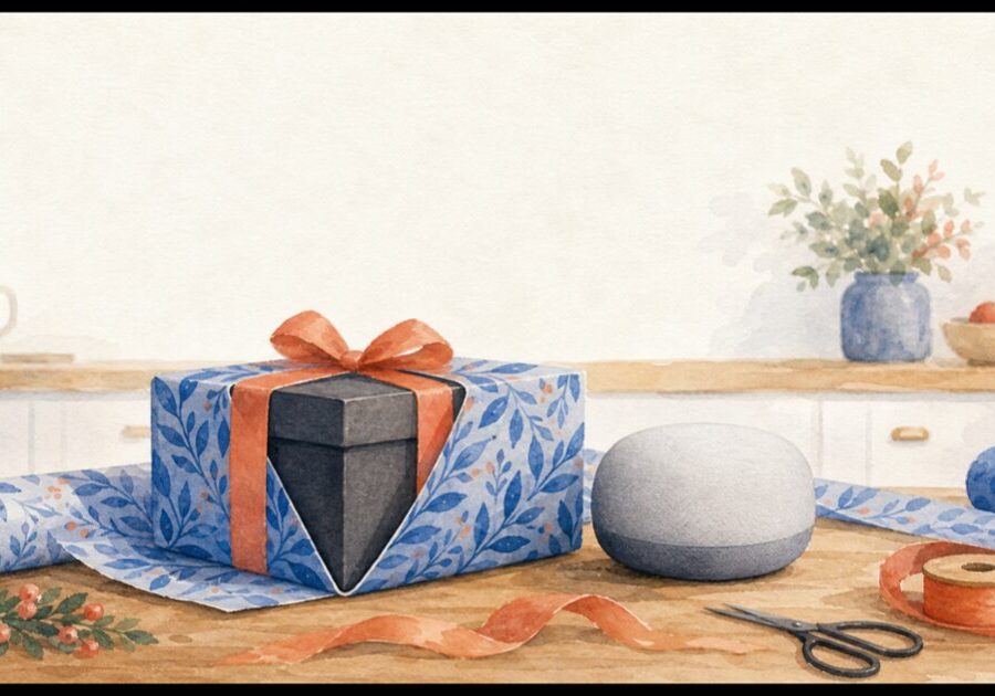 A wrapped holiday gift and a smart speaker on a kitchen table, illustrating smart device privacy for gift-givers