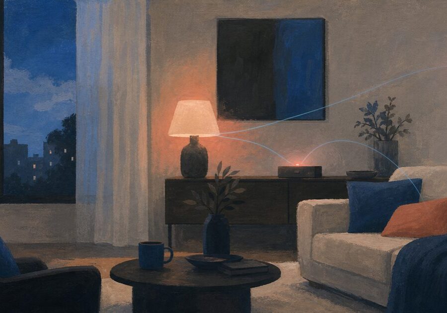 A cozy living room with connected glowing devices, representing smart home basics.