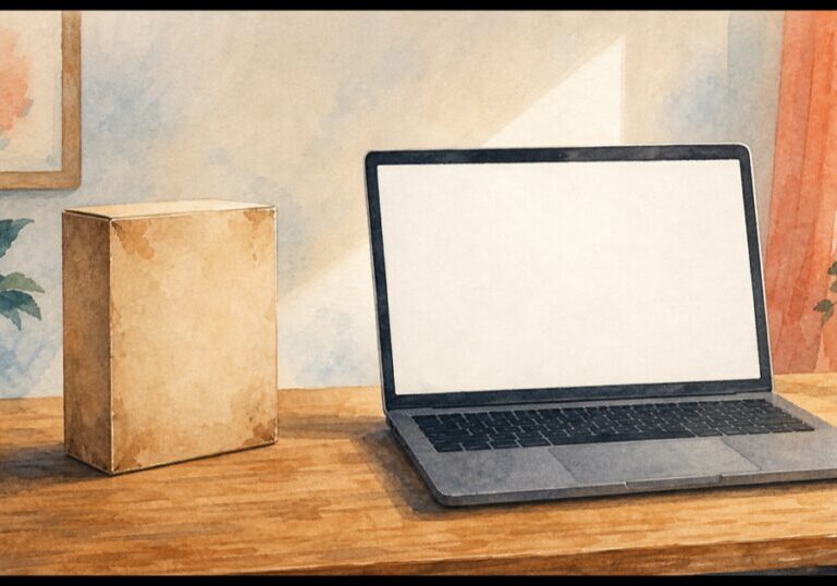 A modern laptop beside a dusty old software box, asking whether you still need antivirus in 2026