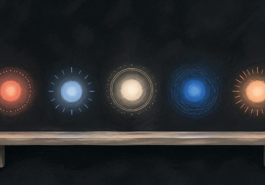 Five distinct glowing orbs on a shelf, representing the top AI systems compared.