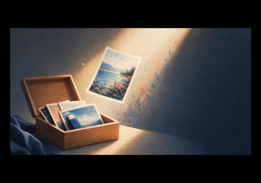 A small box of photos and a drive, representing digital time capsules.