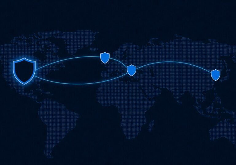 Abstract dot-matrix world map with stylized shield icons over four regions, connected by glowing arcs, the central one unlit.