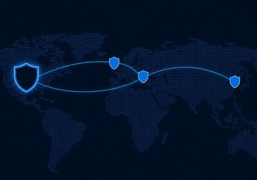 Abstract dot-matrix world map with stylized shield icons over four regions, connected by glowing arcs, the central one unlit.