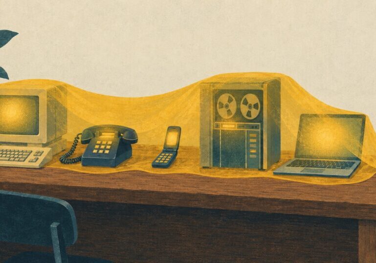 Illustration of a translucent amber sheet settling over a desk of older machines, a CRT computer, desk phone, flip phone, tape mainframe and laptop, representing AI as a layer on top of existing technology.