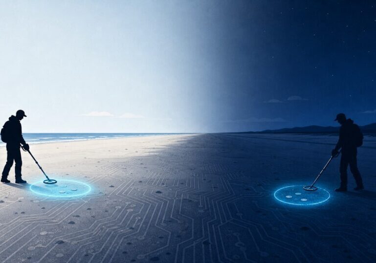 Silhouetted figures sweeping a beach with glowing metal detectors, one in daylight and one in shadow, over sand patterned with circuit-board traces.