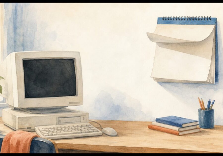 An older desktop computer on a tidy desk with a wall calendar turned past October, symbolizing Windows 10 support ended
